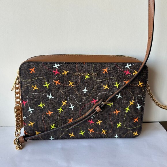 NWT $198 MICHAEL KORS JET SET BROWN MULTI EAST WEST AIRPLANES CROSSBODY BAG - Picture 1 of 6